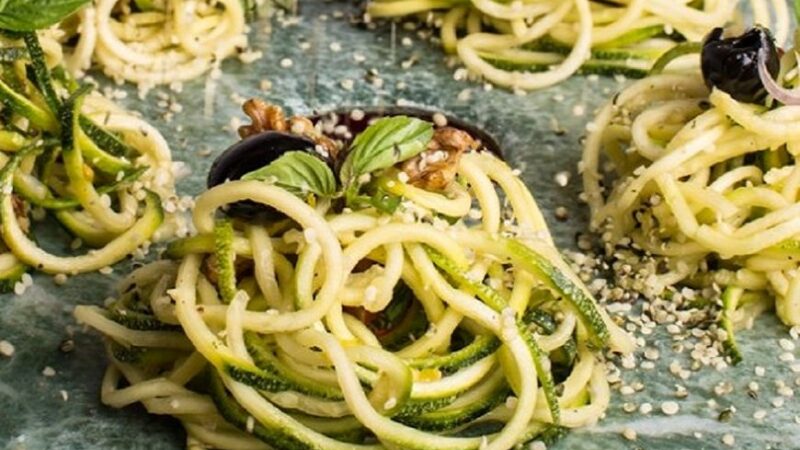 Easy Zucchini Pasta With Cherry Tomatoes, Olives & Basil